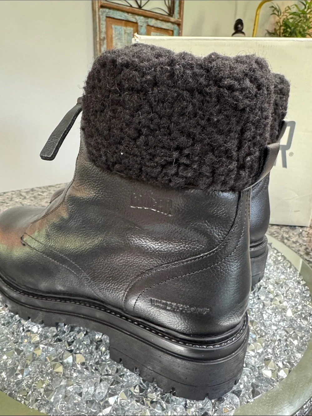 Cougar Vow Black Waterproof Leather Winter Ankle Boots with Shearling Cuff NEW